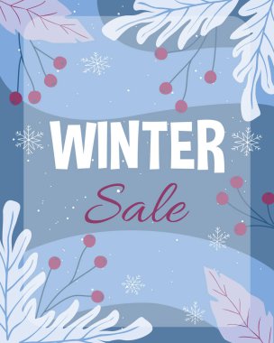Kış indirimi ve indirimler. Düz tasarım afişi, promosyon afişi, indirimli broşür.