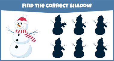 Doğru gölgeyi bul. Tatlı kardan adamla çocuklar için eğitici eşleştirme oyunu.