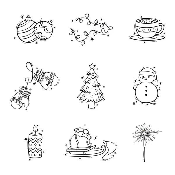 Conjunto Ícones Desenhados Mão Decorações Natal Estilo Doodle Doodles Natal — Vetor de Stock