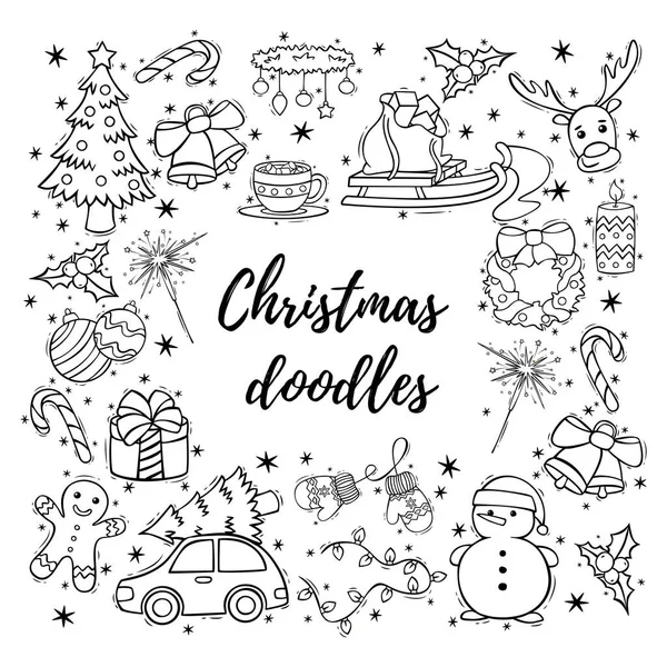 Handgezeichnetes Set Von Weihnachtsdekorationen Doodle Stil Weihnachts Und Neujahrskritzeleien Vektor — Stockvektor