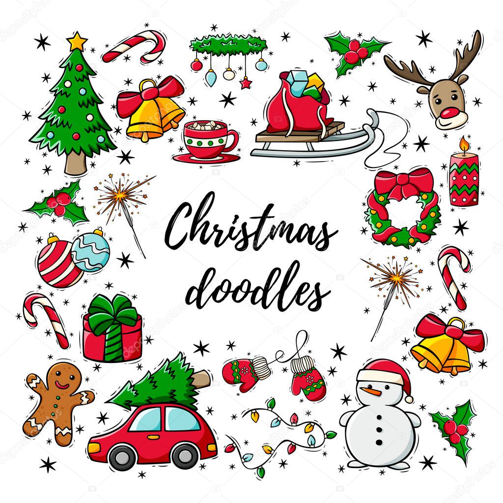 Hand drawn icon set of Christmas decorations in doodle style. Christmas and New Year's doodles. Vector illustration isolated on white background.