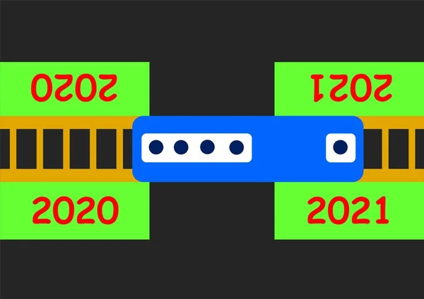 新年の始まりをコンセプトに 列車のイラストが2020年駅を2021年駅に通過し 2020年の時間が終了し 2021年の時間が置き換えられると比較しています — ストック写真