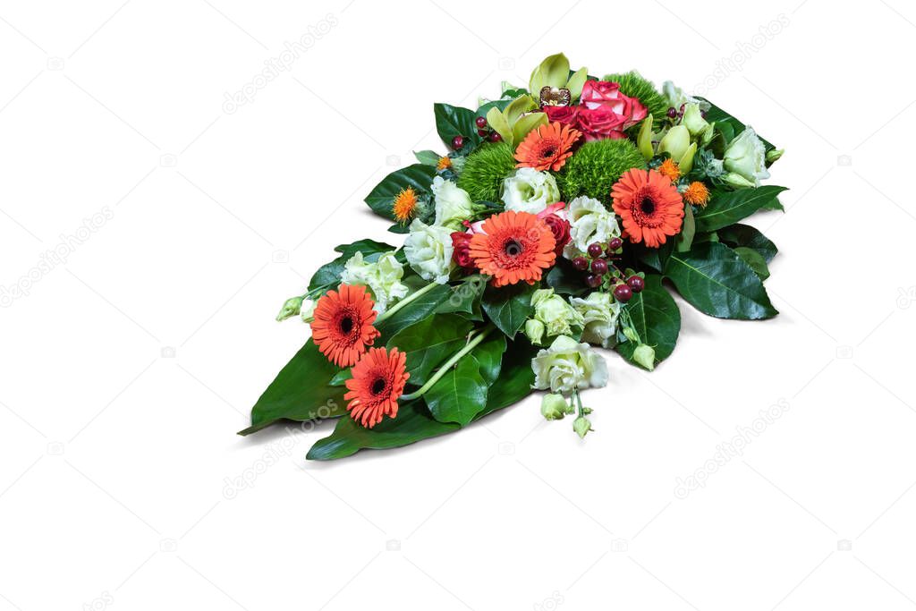 Colorful flower arrangement isolated on white background.