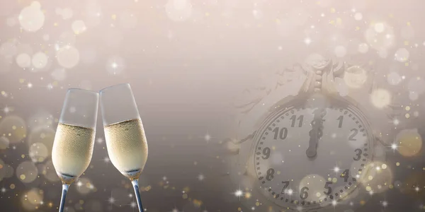 New Year\'s background. Toast with champagne and clock.