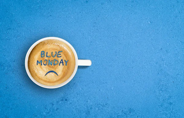 Sade Face Xícara Café Conceito Blue Monday — Fotografia de Stock