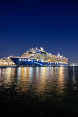 SAN JUAN, PUERTO RICO, ABD - 29 NUVEMBER 2019: Seyahat gemisi Celebrity Equinox (Ünlüler Gezileri), Porto Riko 'daki San Juan limanına gece yanaştı.