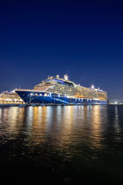 SAN JUAN, PUERTO RICO, USA - NOVEMBER 29, 2019: Cruise ship Celebrity Equinox (Celebrity Cruises) docked at the port of San Juan in Puerto Rico at night. clipart