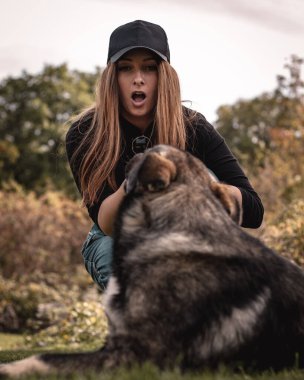 Köpeğin ağzından çubuğu çıkarmaya çalışan bir kadının şok edici bir ifade sergilediği dikey çekim. Yakalamaca oynuyor ve köpek oyuncağını bırakmıyor.