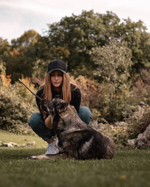 Vertical shot of a brunette woman crouching down to play with a stray dog in the middle of a field, holding a stick playing fetch. Brown colors dominating on a warm autumn day