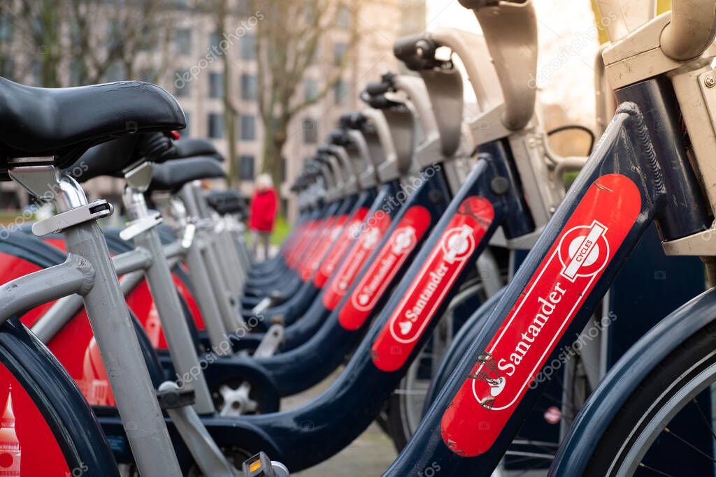 London UK January 2021 View of Santander bikes parked in the center of London city. Rentable electric bikes for cycling around town