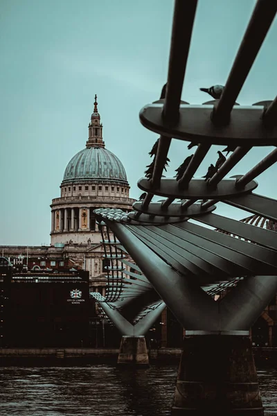 Londra Birleşik Devletleri Şubat 2021 'de Millenium köprüsünün Thames nehrinden Saint Pauls Katedrali' ne uzanan dikey çekimi. Soğuk kış günü, güvercinlerle dolu bir köprü.