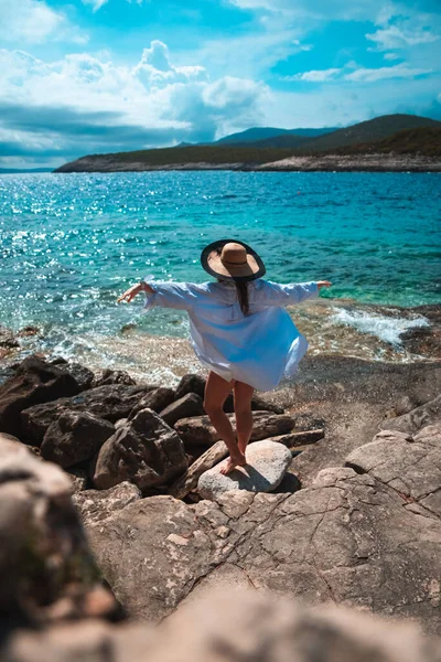 Beautiful Woman Seen Standing Stone Beach Shore Vis Island Croatia — Stock Photo, Image