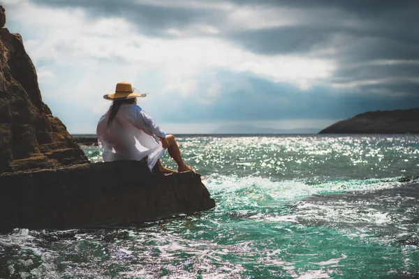 Beautiful Brunette Seen Sitting Rock Shores Adriatic Sea Cloudy Day — Stock Photo, Image