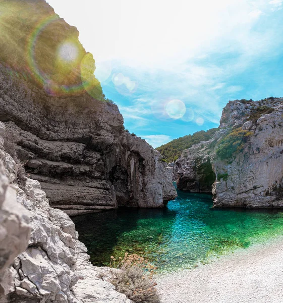 Praia Bonita Stiniva Ilha Vis Croácia Não Pessoas Num Lindo — Fotografia de Stock