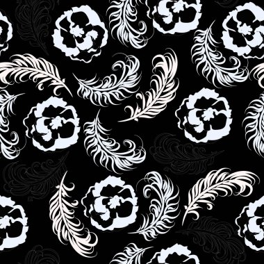 Tekstil, kağıt, duvar kağıdı için siyah arka planda beyaz çiçekli ve tüylü pürüzsüz desen