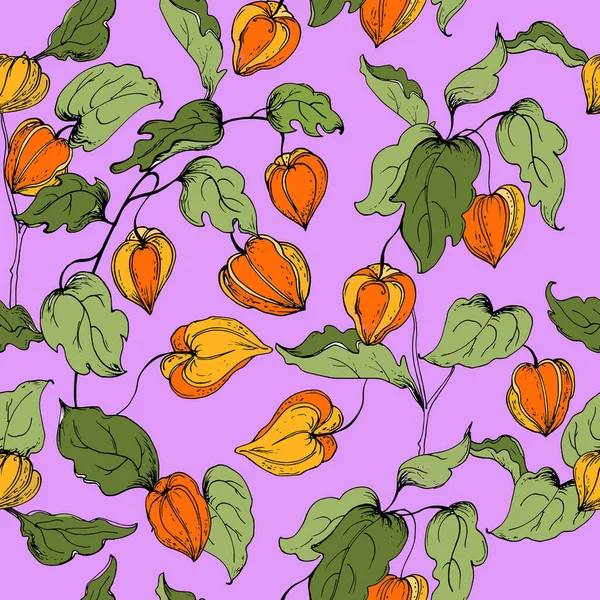 Nahtloses Muster Mit Blüten Und Blättern Von Physalis Vektorillustration — Stockvektor