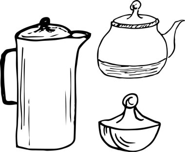   Çaydanlık ve çay fincanı Japon. Karalama biçiminde vektör illüstrasyonu