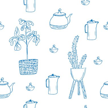    Kahve demliği ve çaydanlığı olan kusursuz desenli mutfak.