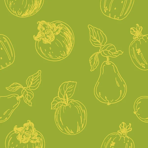 Nahtlose Muster floralen, skizzieren Früchte. Vektor-Illustration im Doodle-Stil von Apfel, Granat, Birne, Persimmon. — Stockvektor