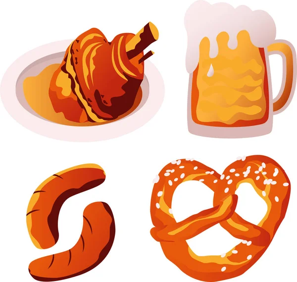 Traditie Bavariaans Eten Vector Illustratie Varkensvlees Knokkel Bier Worsten Pretzel — Stockvector