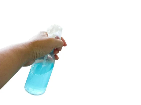 Hand Holding Alcohol Based Hand Sanitizer Spray Bottle White Background — Φωτογραφία Αρχείου