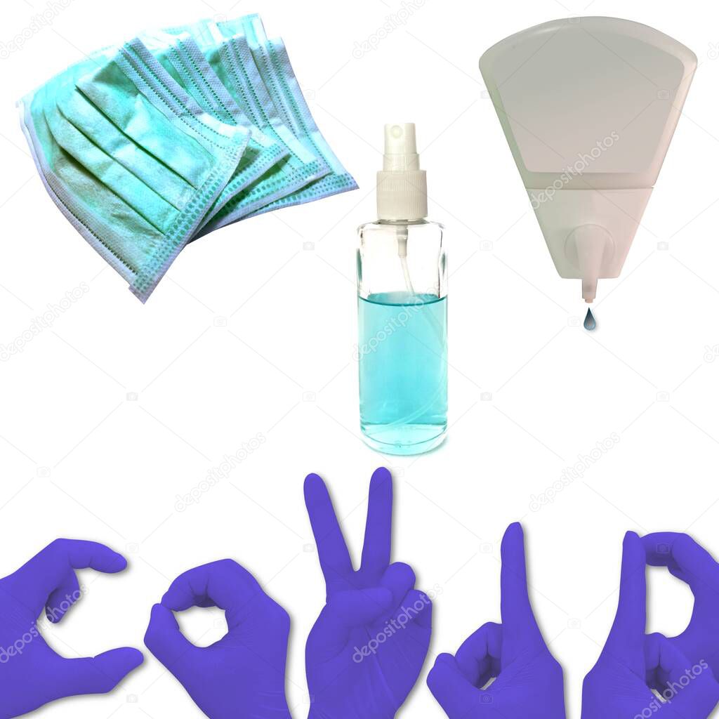 Isolated on white background of set of equipment to protect virus such as face mask, alcohol spray, alcohol gel, and hand with blue gloves as gesture of COVID text.