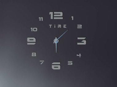 Koyu duvar dokusunda saat. T I M E harfinin 12. harfi ve zamanı gümüş rengidir. Saat yönünde yaklaşık olarak saat 6 ya da 6 'da gösterilen altı numarayı gösteriyor..