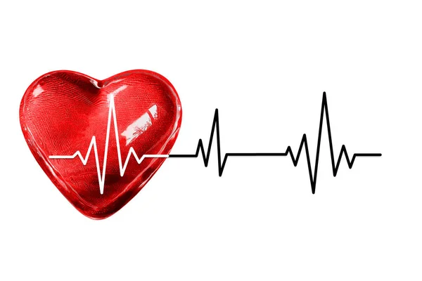 Isolado Fundo Branco Coração Vermelho Com Linha Cardiograma Preto Branco — Fotografia de Stock