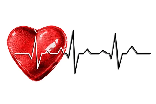 Izolované Bílém Pozadí Červeného Srdce Černobílým Kardiogramem — Stock fotografie