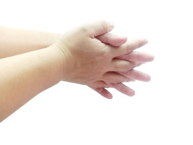 El yıkama için kadın el hareketi kesme yolu ile beyaz arka planda izole adım.