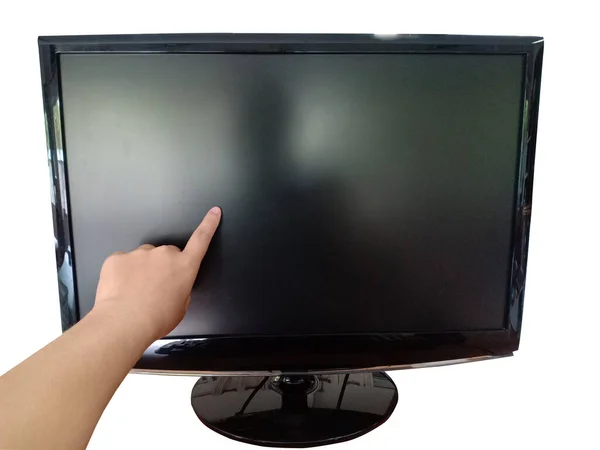 Isolated White Background Hand Woman Pointing Black Computer Screen Monitor — Stock Photo, Image