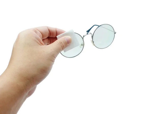 Limpe Óculos Pelo Conceito Mão Mulher Asiática Lente Transparente Com — Fotografia de Stock