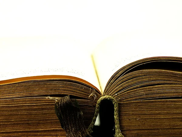 Old, open book with a damaged cover. — Stock Photo, Image