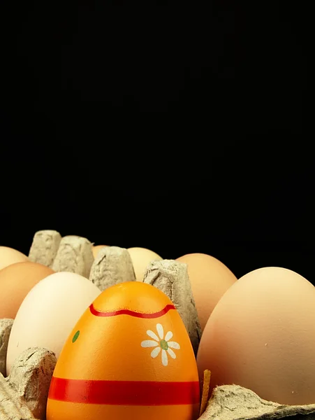 Kleurrijke Easter egg in het gezelschap van gewone eieren. — Stockfoto