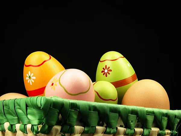 Coloridos huevos de Pascua en compañía de huevos ordinarios . —  Fotos de Stock