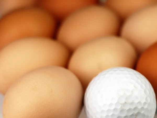 Golf ball lying among the eggs. — Stock Photo, Image