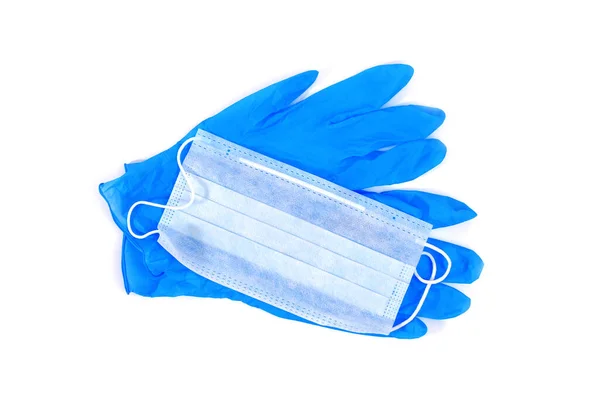 Paar Blauwe Medische Handschoenen Medisch Gezichtsmasker Geïsoleerd Witte Achtergrond — Stockfoto