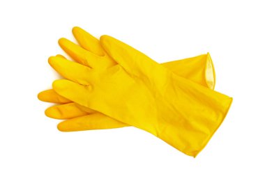 Beyaz arka planda izole edilmiş sarı lateks koruyucu eldivenler.