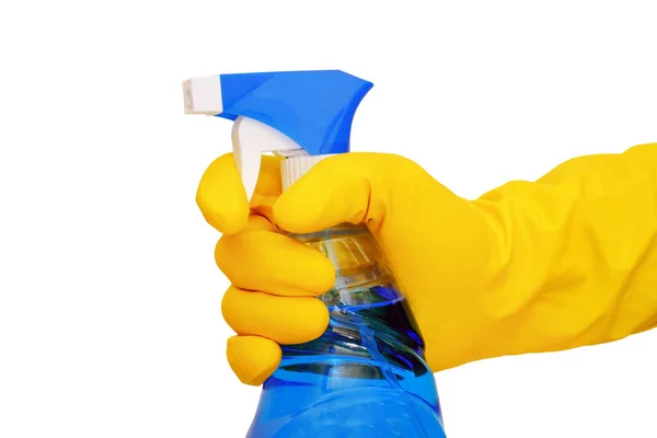 Hand Geel Rubber Huishoudhandschoenen Houdt Fles Reinigingsspray Geïsoleerd Witte Achtergrond — Stockfoto