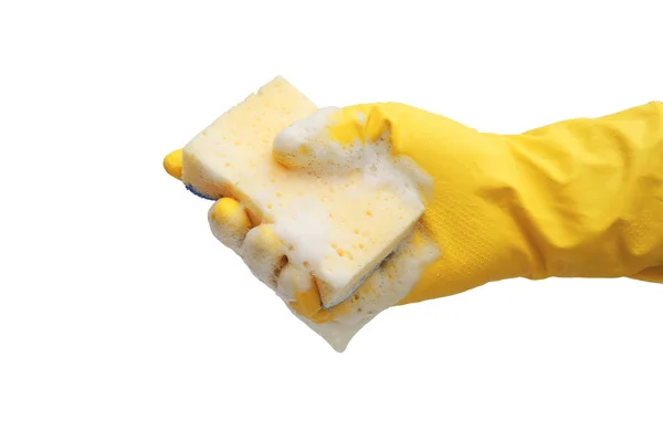 Mão Borracha Luva Amarela Segurando Esponja Sabão Isolado Fundo Branco — Fotografia de Stock