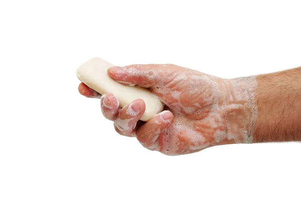 Molhado Espuma Mão Segurando Sabão Isoalted Fundo Branco — Fotografia de Stock