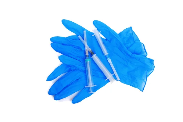 Top View Disposable Medical Gloves Syringe Isolated White Background — Stock Photo, Image
