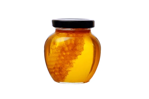 Glass Jar Honey Honeycomb Isolated White Background — Stock Photo, Image