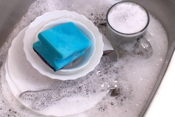 Dirty Dishware Utensils Clogged Kitchen Sink Soap Foam Top View — Stock Photo, Image