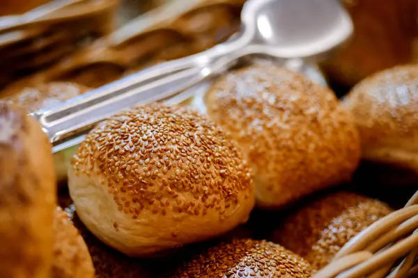 Closeup Fresh Baked Buns Tray Buns Sesame Seeds Served Breakfast Stock Image