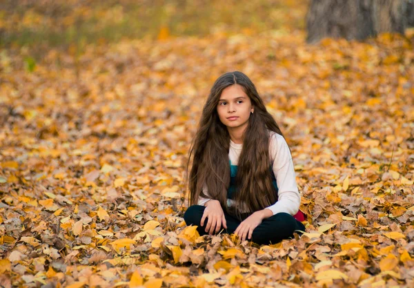 Portret van een mooie glimlachend tiener in de herfst — Stockfoto