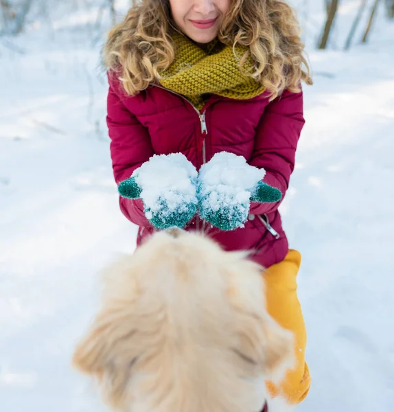 Chica Con Manoplas Lana Verde Las Manos Cubierto Copos Nieve — Foto de Stock