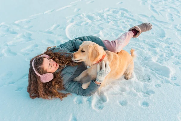 Long Curly Young Girl Pink Winter Earmuffs White Mittens Plays — Stock Photo, Image