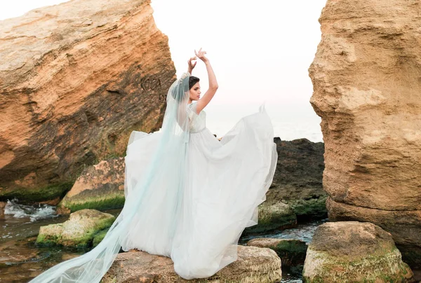 Gelukkige Brunette Bruid Lichte Chiffon Trouwjurk Geborduurd Met Kralen Poseren — Stockfoto