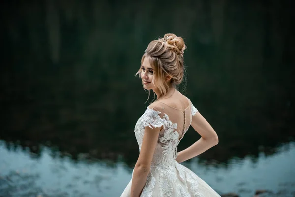 Noiva no vestido de casamento chiffon luz posando perto das montanhas — Fotografia de Stock